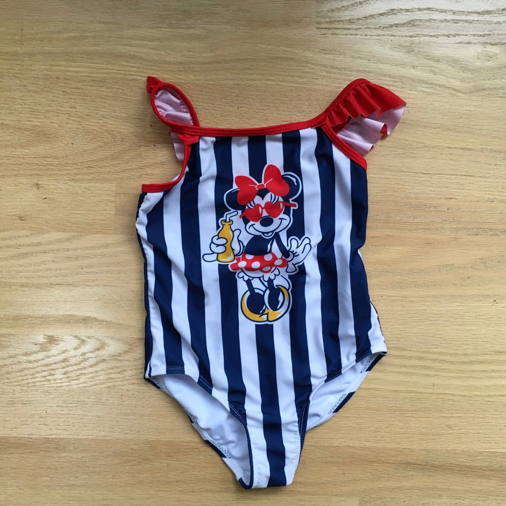 Disney Minnie Mouse Girls One Piece Swimsuit Navy White Stripe Ruffle Size 5